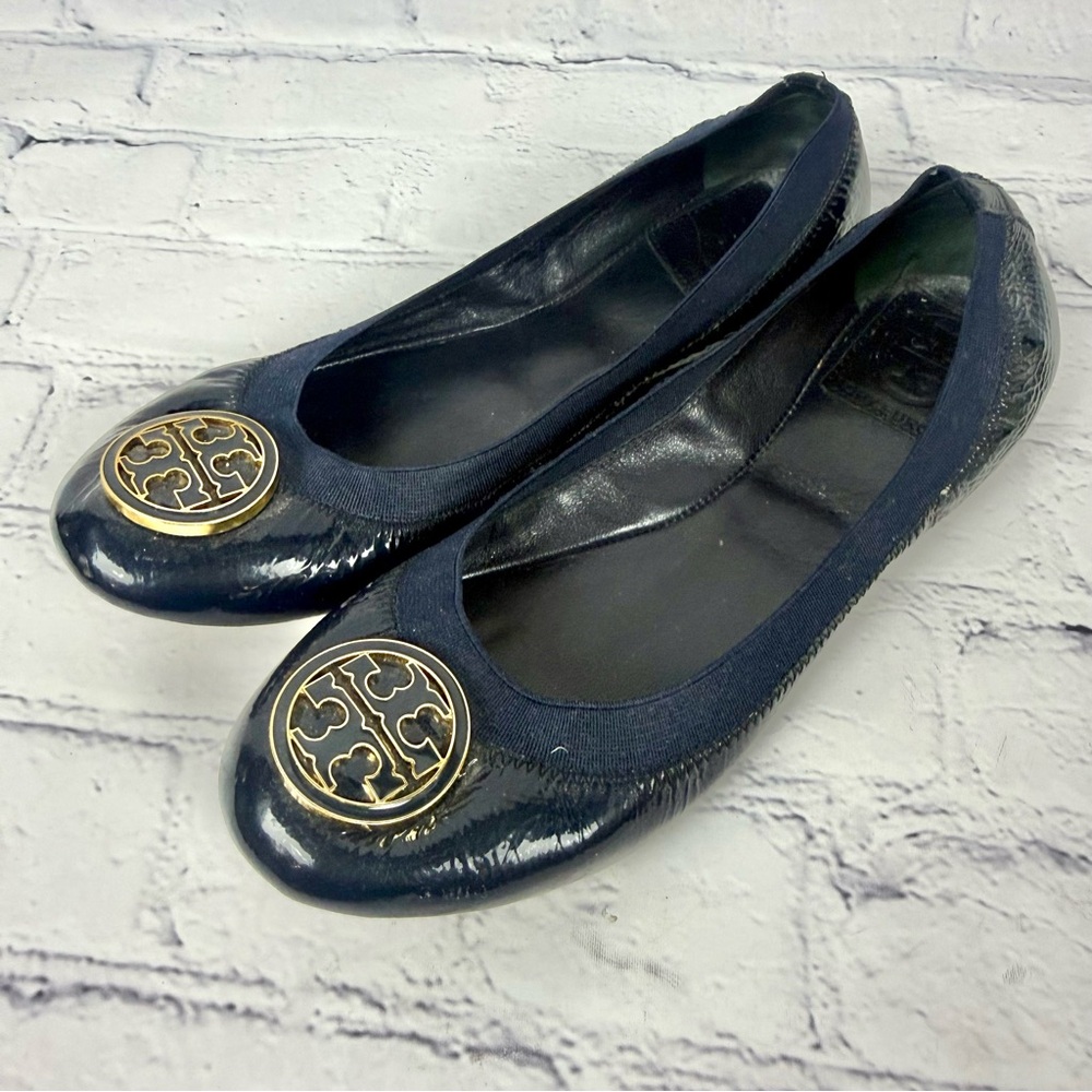 Tory Burch CAROLINE Patent Leather Ballet Flats Enamel 7.5 Navy Blue Gold